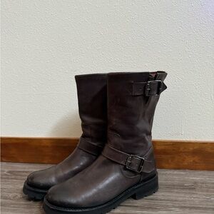 Frye, Brown Leather, Natalie Mid Engineer Moto Double Buckle Boot - Size 7.5